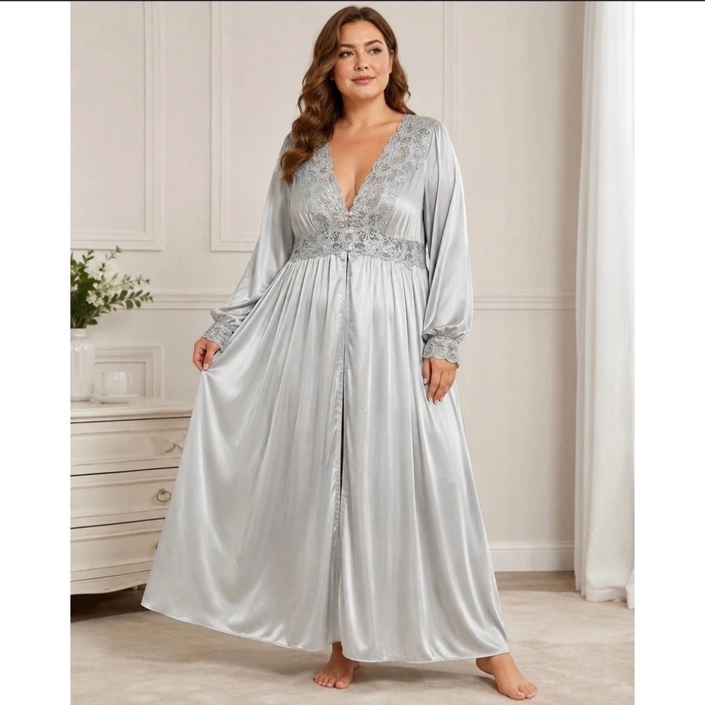 Vtg Shadowline L Silver Satin Lace Floor Length Duster Robe Boudoir Empire Waist